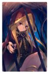  1girl bangs black_dress black_nails blonde_hair blush breasts cage cape character_name closed_mouth commentary_request dress earrings echo_(circa) english_text ereshkigal_(fate) fate/grand_order fate_(series) fingernails gold_trim hood hood_up hooded_cape hoop_earrings jewelry long_hair looking_at_viewer medium_breasts parted_bangs red_cape red_eyes sitting skull spine thighs twitter_username two_side_up 