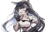  1girl ;d animal_ears arknights bangs belt belt_buckle black_belt black_gloves black_hair blaze_(arknights) blue_eyes blue_hair blurry blurry_background blurry_foreground breasts bright_pupils buckle cat_ears cat_girl chest_belt collarbone commentary depth_of_field extra_ears fang gloves hairband hand_on_hip hand_up highres jacket long_hair looking_at_viewer medium_breasts multicolored_hair one_eye_closed open_clothes open_jacket open_mouth partially_fingerless_gloves red_hairband shirt simple_background sleeves_past_elbows smile solo tareko two-tone_hair underbust upper_body v very_long_hair white_background white_jacket white_pupils white_shirt 