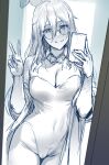  1girl :q absurdres akane_(blue_archive) animal_ears blue_archive breasts cleavage covered_navel fake_animal_ears glasses hair_between_eyes hews highres holding holding_phone long_hair looking_at_viewer medium_breasts monochrome phone playboy_bunny rabbit_ears sketch solo tongue tongue_out v 
