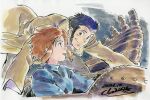  1boy 1girl aircraft arsene_lupin_iii black_hair brown_hair commentary_request dated flying green_jacket jacket kaze_no_tani_no_nausicaa lupin_iii nausicaa short_hair sideburns sidelocks signature smile studio_ghibli yamashita_akihiko 