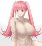  1girl :p absurdres alternate_costume bangs blunt_bangs breasts closed_mouth commentary desspie english_commentary eyebrows_visible_through_hair fire_emblem fire_emblem:_three_houses highres hilda_valentine_goneril large_breasts long_hair looking_at_viewer naked_sweater pink_eyes pink_hair ribbed_sweater sidelocks simple_background smile solo sweater tongue tongue_out turtleneck turtleneck_sweater twintails very_long_hair white_background white_sweater 
