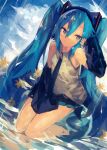  1girl absurdres aqua_eyes aqua_hair armpits bangs bare_shoulders black_skirt blue_necktie cloud collared_shirt detached_sleeves dutch_angle eyebrows_visible_through_hair grey_shirt hair_between_eyes hair_ornament hatsune_miku headphones highres kaamin_(mariarose753) kneeling leaf long_hair looking_at_viewer miniskirt necktie on_water outdoors pleated_skirt shirt sidelocks skirt sky sleeveless sleeves_past_fingers sleeves_past_wrists smile solo twintails very_long_hair vocaloid water 