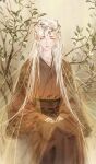  1boy belt brown_dress chinese_clothes closed_eyes dress facial_mark flower forehead_mark grey_hair hanfu highres kkcoocool long_hair long_sleeves male_focus original red_lips sitting solo very_long_hair white_flower white_hair 