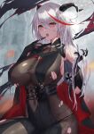  1girl absurdly_long_hair absurdres aegir_(azur_lane) azur_lane bangs bare_shoulders black_cape black_gloves blurry blurry_background bodystocking bodysuit breast_curtains breasts cape commentary covered_navel cowboy_shot cross cross_earrings demon_horns earrings elbow_gloves eyebrows_visible_through_hair fishnets gloves hair_between_eyes hair_on_horn hand_up highres holding holding_hair horns iron_cross jewelry large_breasts long_hair looking_at_viewer multicolored_hair open_mouth red_cape red_hair satou_aji sidelocks sitting solo streaked_hair swept_bangs taut_clothes tongue tongue_out torn_bodystocking torn_clothes two-tone_cape two-tone_hair very_long_hair white_hair yellow_eyes 