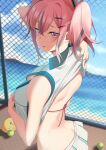  1girl azur_lane back ball blue_sky blush breasts bremerton_(azur_lane) bremerton_(scorching-hot_training)_(azur_lane) butt_crack chain-link_fence cleavage cleavage_cutout clothes_lift clothing_cutout crop_top day fence from_side hair_ornament hairclip highres large_breasts lifted_by_self looking_at_viewer looking_to_the_side manjuu_(azur_lane) miniskirt multicolored_hair ocean official_alternate_costume outdoors oxygen_mask_(oxygenmask233) parted_lips pink_eyes pink_hair red_hair shirt shirt_lift short_hair short_twintails skirt sky sleeveless sleeveless_shirt solo_focus streaked_hair tennis_ball twintails two-tone_hair white_shirt white_skirt x_hair_ornament 