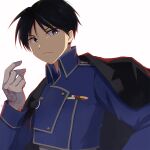  1boy absurdres aiguillette alternate_eye_color amestris_military_uniform arm_at_side black_coat black_hair blue_jacket buttons closed_mouth coat coat_on_shoulders collared_jacket commentary_request double-breasted expressionless facing_viewer fingers_together fullmetal_alchemist gloves grey_eyes hair_strand hand_on_hip hand_up highres jacket looking_to_the_side magic_circle male_focus military_jacket open_clothes open_coat roy_mustang sasayumi_tsubaki sidelighting sideways_glance simple_background spiked_hair tsurime uniform upper_body white_background white_gloves 