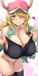  1girl :q bare_shoulders blonde_hair blush breasts cleavage closed_mouth collarbone dragon_girl dragon_horns green_eyes hat highres horns kobayashi-san_chi_no_maidragon large_breasts long_hair looking_at_viewer lucoa_(maidragon) osa_(osaosa) pink_headwear solo tongue tongue_out 