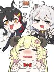  +_+ 3girls :3 :d =_= ahoge animal_ears black_hair blonde_hair blush boned_meat bow bowtie braid drooling fang food fork grey_eyes grey_hair hair_ornament hairclip hands_up highres holding holding_fork hololive horns imminent_cannibalism lion_ears long_hair long_sleeves looking_at_viewer meat mikan_(chipstar182) mouth_drool multicolored_hair multiple_girls nose_blush ookami_mio open_mouth orange_eyes red_bow red_bowtie shared_thought_bubble sheep_ears sheep_horns shishiro_botan simple_background smile spoken_symbol streaked_hair tearing_up tears thought_bubble tsunomaki_watame v-shaped_eyebrows virtual_youtuber wavy_mouth white_background wolf_ears 