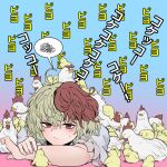  1girl animal_on_head bangs bird blonde_hair blue_background chick chicken closed_mouth commentary_request eyebrows_visible_through_hair fe_(tetsu) gradient gradient_background multicolored_background multicolored_hair niwatari_kutaka on_head pink_background red_eyes red_hair short_sleeves spoken_squiggle squiggle sweatdrop too_many too_many_chicks touhou translation_request two-tone_hair 