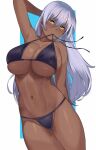  1girl arm_behind_back arm_behind_head arm_up armpits bangs bikini bikini_in_mouth black_bikini black_swimsuit blush border breasts cleavage closed_mouth commentary_request cowboy_shot dark-skinned_female dark_skin furrowed_brow groin hai_ookami hair_between_eyes highres huge_breasts light_blue_hair light_smile long_hair looking_at_viewer mouth_hold navel original skindentation solo stomach swimsuit tan thighs untied untied_bikini very_long_hair white_border yellow_eyes 