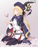  1girl absurdres artoria_pendragon_(caster)_(fate) artoria_pendragon_(fate) belt belt_buckle black_ribbon blonde_hair blush boots bow bowtie buckle bug butterfly buttons cape closed_eyes crying deathcure0722 double-breasted fate/grand_order fate_(series) flower hat high_heel_boots high_heels highres long_hair mage_staff pantyhose ponytail purple_bow ribbon sitting smile solo very_long_hair wariza white_background 
