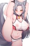  1girl 5danny1206 absurdres animal_ears areolae arms_up ass_visible_through_thighs bell blush breasts cameltoe cleavage closed_mouth commission covered_nipples eyes_visible_through_hair forehead fox_ears fox_girl fox_tail grey_hair highres large_breasts long_hair looking_at_viewer navel neck_bell nipples original see-through simple_background smile solo split sports_bra standing standing_on_one_leg standing_split tail toned white_background yellow_eyes 