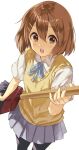  1girl bangs black_legwear blue_neckwear blush broom broom_guitar brown_eyes brown_hair commentary from_above hair_between_eyes hair_ornament hair_strand hairclip highres hirasawa_yui holding holding_broom k-on! koin_(foxmark) looking_at_viewer looking_up miniskirt open_mouth pantyhose pleated_skirt sakuragaoka_high_school_uniform school_uniform shiny shiny_hair shirt short_hair short_sleeves simple_background skirt solo standing summer_uniform sweater_vest teeth unconventional_guitar upper_teeth white_background white_shirt 