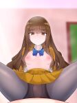  1boy 1girl bangs black_legwear blue_bow blue_bowtie blunt_bangs bow bowtie breasts brown_eyes brown_hair brown_jacket brown_skirt commission fate/extra fate_(series) girl_on_top hasai_(mekkan) hetero jacket kishinami_hakuno_(female) long_hair nipples pantyhose pov school_uniform skeb_commission skirt small_breasts solo_focus spread_legs straddling tsukumihara_academy_uniform_(fate/extra) 