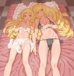  2girls bikini black_bikini blonde_hair braid breasts green_eyes highres holding_hands lillie_(pokemon) long_hair looking_at_viewer lusamine_(pokemon) lying medium_breasts mother_and_daughter multiple_girls navel on_back open_mouth parted_lips pillow pokemon pokemon_(anime) pokemon_sm_(anime) side-tie_bikini small_breasts smile sweat swimsuit tenako_(mugu77) twin_braids 
