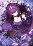  1girl bangs bare_shoulders breasts cleavage detached_collar dress fate/grand_order fate_(series) feather_trim hair_between_eyes highres ichi_yoshida jewelry large_breasts long_hair long_sleeves looking_at_viewer pantyhose pendant purple_dress purple_hair purple_legwear red_eyes scathach_(fate) scathach_skadi_(fate) smile solo thighs tiara wand 
