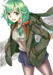  1girl ahoge alternate_costume animal_hood bangs black_choker black_legwear blue_skirt breasts choker eyebrows_visible_through_hair green_eyes green_hair green_jacket hair_ribbon hands_in_pockets highres hood hood_down hooded_jacket jacket kantai_collection long_hair looking_at_viewer matsu_(kancolle) one-hour_drawing_challenge open_mouth pantyhose red_ribbon ribbon skirt solo tonke 