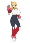  1girl absurdres alia_(mega_man) alternate_breast_size android arm_cannon armor bangs blonde_hair blue_eyes blush bodysuit breasts eyebrows_visible_through_hair funaya_(a2brasd) gloves green_eyes headset highres huge_breasts long_hair looking_at_viewer mega_man_(series) mega_man_x_(series) open_mouth robot_ears simple_background smile solo weapon white_background white_gloves 