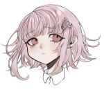  1girl :&lt; bangs bbjj_927 collared_shirt commentary_request cropped_shoulders danganronpa_(series) danganronpa_2:_goodbye_despair eyebrows_visible_through_hair face flipped_hair galaga hair_ornament hairclip head highres looking_at_viewer looking_up medium_hair nanami_chiaki pink_eyes pink_hair shiny shiny_hair shirt short_hair simple_background spaceship_hair_ornament white_background 