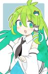  1girl :d ahoge bangs black_necktie border commentary detached_sleeves eyebrows_visible_through_hair frog_hair_ornament green_eyes green_hair grey_background hair_ornament hair_tubes highres ini_(inunabe00) kochiya_sanae looking_at_viewer necktie open_mouth simple_background smile snake_hair_ornament touhou white_border wide_sleeves 