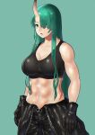  1girl abs absurdres arknights bangs bare_arms bare_shoulders black_gloves black_pants breasts cleavage commentary_request cowboy_shot crop_top gloves green_background green_hair grey_eyes hair_over_one_eye highres horns hoshiguma_(arknights) long_hair looking_at_viewer midriff navel pants parted_lips partial_commentary shooki_(wadacchi_non) simple_background single_horn solo sports_bra standing stomach 