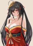 1girl azur_lane black_hair breasts cleavage commission dress finger_to_mouth hair_between_eyes highres huge_breasts long_hair looking_at_viewer mask mask_on_head off_shoulder red_dress red_eyes simple_background skeb_commission solo standing taihou_(azur_lane) twintails very_long_hair yousui 