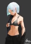  1girl absurdres aqua_eyes bare_shoulders belt blue_hair bra chinese_commentary closed_mouth collarbone commentary_request dated grey_background grey_bra highres light_blue_hair linween looking_at_viewer navel original painterly short_hair signature simple_background single_bare_shoulder solo underwear 