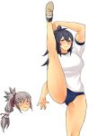  1boy 1girl absurdres bangs blue_buruma blue_hair blush buruma commission commissioner_upload fire_emblem fire_emblem_fates gym_uniform heart heart-shaped_pupils highres igni_tion long_hair oboro_(fire_emblem) ponytail shirt silver_hair simple_background split standing standing_on_one_leg standing_split symbol-shaped_pupils takumi_(fire_emblem) toned white_shirt 