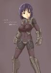  1girl armor armored_boots bangs black_bodysuit black_eyes bob_cut bodysuit boots borrowed_character breasts clenched_hand commentary covered_navel detached_sleeves exoskeleton feet_out_of_frame garter_belt gauntlets hair_strand headset highres large_breasts legs_apart looking_afar makino_himeko_(mos_yen) metal_bikini mhjk_(mos_yen) microphone oteruko_(wanabeee) purple_background purple_hair purple_legwear purple_shirt purple_sleeves shirt short_hair simple_background solo swimsuit_over_clothes thighhighs v-shaped_eyebrows 
