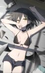  1girl armpits arms_up bare_arms bare_shoulders black_bra black_choker black_hair black_shorts bra breasts choker feathered_wings feathers front-tie_bra front-tie_top gotyou halterneck highres looking_at_viewer low_wings lying navel on_back open_fly original parted_lips short_hair short_shorts shorts small_breasts solo stomach string_bra underwear wings yellow_eyes 