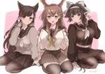  3girls adapted_costume alternate_costume animal_ear_fluff animal_ears atago_(azur_lane) atago_(school_traumerei)_(azur_lane) azur_lane black_legwear black_sailor_collar black_serafuku black_shirt black_skirt bow breasts brown_hair cardigan chikuma_(azur_lane) crop_top crop_top_overhang extra_ears gamuko07 hair_bow hairband large_breasts light_brown_hair long_hair looking_at_viewer miniskirt multiple_girls neckerchief official_alternate_costume pantyhose pleated_skirt ribbon sailor_collar school_uniform serafuku shirt sitting skirt takao_(azur_lane) takao_(school_romanza)_(azur_lane) thighband_pantyhose thighhighs white_bow white_cardigan white_hairband white_neckerchief white_ribbon yellow_eyes zettai_ryouiki 