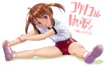  1girl alternate_costume brown_eyes brown_hair buruma cameltoe coquelicot_(sakura_taisen) exercise full_body gym_shirt gym_uniform hair_bobbles hair_ornament long_hair red_buruma sakura_taisen_iii shirt shoes simple_background sitting smile sneakers solo stretch t-shirt takase_yuu twintails white_background white_shirt 