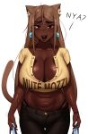  1girl animal_ears breasts brown-haired_cat_girl_(kevbot) brown_eyes cleavage closed_eyes clothes_writing commentary dark-skinned_female dark_skin ear_piercing earrings english_commentary highres jewelry kevbot large_breasts long_hair midriff mole mole_under_eye nyan original piercing simple_background solo standing tail white_background 