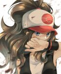  1girl antenna_hair baseball_cap black_vest black_wristband blue_eyes brown_hair commentary covering_mouth eyelashes hand_up hat highres hilda_(pokemon) long_hair open_clothes open_vest pokemon pokemon_(game) pokemon_bw shirt sidelocks sleeveless sleeveless_shirt solo two-tone_headwear upper_body vest wristband yomogi_(black-elf) 