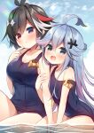  2girls :d :o ahoge arm_hug bangs bare_arms bare_shoulders black_swimsuit blue_eyes blue_hair blue_sky blush breasts cleavage cloud cloudy_sky commentary_request day eyebrows_visible_through_hair hair_between_eyes hanamiya_natsuka heterochromia long_hair mary_skelter medium_breasts mermaid_(mary_skelter) multicolored_hair multiple_girls old_school_swimsuit one-piece_swimsuit open_mouth otsuu_(mary_skelter_2) outdoors parted_lips pink_hair red_eyes red_hair school_swimsuit shallow_water sky small_breasts smile strap_slip swimsuit two-tone_hair very_long_hair water white_hair 