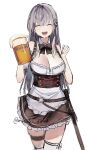  1girl absurdres alcohol alternate_hair_length alternate_hairstyle beer beer_mug breasts cleavage closed_eyes cup desutruction detached_sleeves dirndl german_clothes green_eyes highres hololive large_breasts long_hair mug official_alternate_costume shirogane_noel silver_hair solo twitter_username very_long_hair virtual_youtuber 