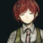  bangs black_background closed_eyes collared_shirt danganronpa_(series) danganronpa_2:_goodbye_despair dress eyebrows_visible_through_hair facing_viewer freckles green_dress grey_shirt highres kiri_(2htkz) koizumi_mahiru necktie plaid_necktie red_hair red_necktie shirt short_hair smile solo upper_body white_necktie 