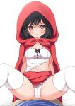  1boy 1girl bangs bed_sheet black_hair blue_shirt blush breasts brown_pants bulge cameltoe cloak closed_mouth collarbone commentary_request eyebrows_visible_through_hair feet_out_of_frame granblue_fantasy hair_bobbles hair_ornament hekomii highres hood hood_up hooded_cloak knees_up looking_at_viewer navel pants pleated_skirt red_cloak red_eyes red_skirt shirt skirt small_breasts solo_focus spread_legs thighhighs vikala_(granblue_fantasy) white_background white_legwear white_shirt 