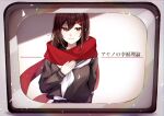  1girl absurdres ayano_no_koufuku_riron_(vocaloid) brown_hair hair_ornament hairclip hand_on_own_chest hand_up highres kagerou_project red_eyes red_scarf scarf school_uniform siori_510 smile solo tateyama_ayano television translated 