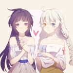  2girls antenna_hair bangs bare_shoulders beige_background blue_eyes braid casual dress envelope gift hair_between_eyes heart heterochromia highres holding holding_envelope holding_gift honkai_(series) honkai_impact_3rd kiana_kaslana long_hair looking_at_viewer multiple_girls off-shoulder_dress off-shoulder_shirt off_shoulder purple_eyes purple_hair rafaelaaa raiden_mei shirt short_sleeves sleeves_past_elbows smile twin_braids white_dress white_hair white_shirt yellow_eyes yuri 