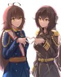  2girls aiguillette azur_lane belt blue_coat brown_coat brown_hair buttons coat crossover double-breasted edoshiyakata_(oshiro_project) epaulettes gold_trim hair_between_eyes heart heart_hands heart_hands_duo highres horns long_hair looking_at_another medal mikasa_(azur_lane) military military_uniform multiple_girls naval_uniform oshiro_project oshiro_project_re sauvignon simple_background standing uniform white_background yellow_eyes 