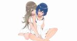  2girls absurdres aderzorns bare_legs barefoot blue_eyes blue_hair brown_hair camisole collarbone dress green_eyes highres hug hug_from_behind long_hair misakino_kukuru miyazawa_fuuka multiple_girls shell_hair_ornament shiroi_suna_no_aquatope short_hair simple_background toes white_camisole white_dress yuri 