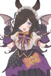 1girl animal_ears bangs bat_ears black_skirt blush bow bowtie brooch brown_hair fangs flying_sweatdrops gloves hair_over_one_eye hairband halloween highres horse_ears horse_girl jewelry lace-trimmed_gloves lace_trim long_hair looking_at_viewer make_up_in_halloween!_(umamusume) official_alternate_costume open_mouth purple_bow purple_eyes purple_gloves rice_shower_(umamusume) shirt short_sleeves simple_background skirt smile solo spider_web_print twitter_username umamusume vinhnyu white_background white_shirt 