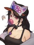  1girl absurdres animal_ears bare_shoulders baseball_cap black_choker black_hair black_shirt breasts bubble_blowing choker cleavage collarbone commission earrings fake_animal_ears hat highres jewelry kirr_rr long_hair looking_at_viewer medium_breasts nero_(shirone) off_shoulder original red_eyes second-party_source shirt sidelocks sleeveless sleeveless_shirt solo transparent_background upper_body 