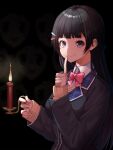  1girl black_background black_eyes black_hair black_jacket blazer bow bowtie candle cardigan closed_mouth collared_shirt dark hair_ornament hairclip hand_up highres holding holding_candle index_finger_raised jacket long_hair long_sleeves looking_at_viewer mikan_(chipstar182) nazono_mito nijisanji pink_bow pink_bowtie school_uniform shirt smile solo tsukino_mito upper_body virtual_youtuber when_you_see_it white_shirt wing_collar 