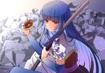  1girl absurdres armband bad_id bad_pixiv_id bangs blunt_bangs bouquetforangel commentary dark_blue_hair doughnut floral_print food gintama highres holding holding_sword holding_weapon imai_nobume long_hair looking_at_viewer red_eyes rubble sheath sheathed short_sleeves sitting solo sword weapon 