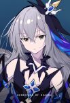  1girl :o absurdres bangs bare_shoulders blue_background bronya_zaychik bronya_zaychik_(herrscher_of_reason) crown dress earrings elbow_gloves gloves grey_eyes grey_hair hair_between_eyes hair_ornament highres honkai_(series) honkai_impact_3rd jewelry long_hair looking_at_viewer mutsu_aya open_mouth simple_background sleeveless sleeveless_dress solo 