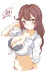  1girl bangs bikini black_bikini braid breasts brown_hair cleavage commentary_request dated green_eyes highres kantai_collection large_breasts looking_at_viewer noshiro_(kancolle) one-hour_drawing_challenge open_clothes open_shirt pen_chou shirt signature simple_background solo swept_bangs swimsuit tied_shirt twin_braids upper_body white_background white_shirt 