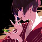  1girl abstract_background applying_makeup commentary ear_piercing earrings japanese_clothes jewelry kimono lips nail_polish original piercing profile purple_eyes red_nails short_hair solo upper_body yuigahama_(user_nevh3547) 