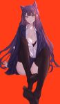  1girl absurdres animal_ears arms_behind_back black_bra black_legwear blazer bra breasts cleavage closed_mouth collarbone eyebrows_visible_through_hair feet foot_focus fox_ears highres jacket long_hair looking_at_viewer medium_breasts no_shoes open_clothes open_shirt original purple_hair purple_jacket purple_skirt red_background school_uniform shirt sitting skirt smile soles solo swallow_zzy thighhighs toes underwear white_shirt yellow_eyes 